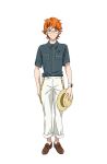  1boy brown_footwear collared_shirt full_body glasses grey_shirt hat highres holding holding_clothes holding_hat juuouin_kakeru king_of_prism king_of_prism:_shiny_seven_stars loafers looking_at_viewer male_focus official_art orange_eyes orange_hair pants pretty_rhythm pretty_series second-party_source shirt shoes short_hair simple_background smile solo standing straw_hat suspenders tachi-e transparent_background watch watch white_pants 