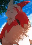  blue_sky blush claws clouds colored_sclera day furry looking_to_the_side matchstick_39 open_mouth outdoors pokemon pokemon_(creature) red_fur red_sclera sky solo sweatdrop tree two-tone_fur white_fur zangoose 