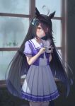  1girl absurdres animal_ears black_hair bow coffee coffee_mug condensation cup earrings glass_writing highres horse_ears horse_girl indoors jewelry looking_at_viewer manhattan_cafe_(umamusume) mug multicolored_clothes multicolored_skirt orito_sati pleated_skirt purple_bow purple_shirt purple_skirt school_uniform shirt single_earring skirt solo steam thigh-highs tracen_school_uniform umamusume white_skirt white_thighhighs window_fog yellow_eyes 