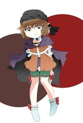  1other androgynous aqua_eyes arm_behind_back bandana black_bandana black_cape bow bow_legwear brown_hair cape choker cine_hamal circle closed_mouth collarbone commentary_request dot_nose eye_of_senri full_body green_shorts hair_between_eyes highres holding_own_arm jacket kijipoko kuzu_suzumi len&#039;en looking_at_viewer open_clothes open_jacket orange_jacket other_focus purple_scarf red_bow red_ribbon ribbon ribbon-trimmed_shorts ribbon-trimmed_socks ribbon_legwear ribbon_trim scarf shirt short_hair shorts sleeveless sleeveless_jacket smile socks solo turban white_background white_choker white_shirt white_socks 