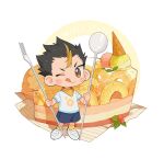  1boy annsmow ascot blue_shorts cake character_name chibi copyright_name food fork fruit haikyuu!! hair_slicked_back highres holding holding_fork holding_spoon ice_cream ice_cream_cone leaf looking_at_viewer male_focus minimized multicolored_hair nishinoya_yuu one_eye_closed pineapple shirt short_hair short_sleeves shortcake shorts socks solo spoon strawberry_shortcake tongue tongue_out twitter_username two-tone_hair white_background white_footwear white_shirt yellow_ascot yellow_eyes yellow_socks 
