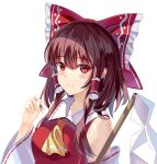  1girl absurdres ascot blush bow brown_hair closed_mouth commentary detached_sleeves frilled_bow frilled_hair_tubes frills gohei hair_bow hair_tubes hakurei_reimu highres holding holding_gohei long_hair looking_at_viewer moonhead red_bow red_eyes ribbon-trimmed_sleeves ribbon_trim smile solo touhou yellow_ascot 