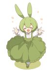  1girl :d absurdres animal_ears blush closed_eyes collared_shirt dress facing_viewer frilled_dress frills from_above green_dress green_footwear green_hair hair_between_eyes highres long_dress long_sleeves open_hands open_mouth outstretched_arms pinafore_dress pleated_dress rabbit_ears reaching reaching_towards_viewer shadow shirt shoes short_hair sidelocks simple_background sleeveless sleeveless_dress smile socks solo voicevox white_background white_shirt white_socks zundamon zunmut 