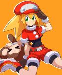  1girl absurdres black_bodysuit blonde_hair bodysuit bodysuit_under_clothes brown_gloves cabbie_hat covered_navel cropped_jacket data_(mega_man) gloves green_eyes hat highres jacket looking_down medium_hair mega_man_(series) mega_man_legends_(series) monkey non-humanoid_robot omeehayo orange_background red_hat red_jacket red_shorts robot robot_animal roll_caskett_(mega_man) shorts sleeves_rolled_up 