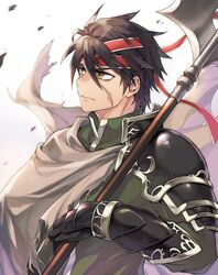  1boy armor black_armor brown_cloak brown_hair cloak closed_mouth commentary floating_cape gauntlets geis_(ys) green_shirt hair_between_eyes halberd headband high_collar holding holding_polearm holding_weapon isa_(peien516) looking_to_the_side male_focus pauldrons polearm red_headband scar scar_on_cheek scar_on_face serious shirt short_hair shoulder_armor single_pauldron solo torn_cloak torn_clothes upper_body weapon white_background yellow_eyes ys ys_vi_ark_of_napishtim 