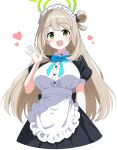  1girl :d alternate_costume apron arm_at_side black_skirt blue_archive blue_ribbon blush breasts buttons collared_shirt cropped_legs dot_nose enmaided frilled_apron frills green_eyes hair_bun halo hand_up heart highres kousuke0912 large_breasts light_brown_hair long_bangs long_hair looking_at_viewer maid maid_headdress neck_ribbon nonomi_(blue_archive) open_hand open_mouth pleated_skirt puffy_short_sleeves puffy_sleeves ribbon shirt short_sleeves sidelocks single_side_bun skirt smile solo waist_apron white_apron white_shirt 