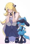  1girl anidf animal_ears blonde_hair breasts closed_eyes cynthia_(pokemon) dog dog_ears dog_tail furry grey_eyes hair_ornament hair_over_one_eye highres jewelry long_hair necklace open_mouth pants pokemon pokemon_(creature) pokemon_dppt pokemon_platinum riolu sleeveless smile standing tail very_long_hair 
