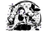  1girl animal_print belt black_hair butterfly_hair_ornament butterfly_print colored_tips demon_slayer_uniform flower hair_ornament haori highres japanese_clothes katana kimetsu_no_yaiba kochou_shinobu monochrome multicolored_hair orchid parted_lips purple_hair sandals shiharu1115 sitting solo spot_color sword two-tone_hair violet_eyes weapon white_background yokozuwari 