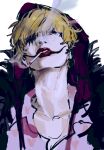  1boy ao_6336 black_cape blonde_hair cape cigarette commentary donquixote_rocinante feather_cape highres hood looking_at_viewer makeup male_focus one_piece parted_lips pink_shirt red_lips shirt short_hair simple_background smoke solo upper_body white_background 