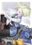  1girl android_18 blonde_hair blue_eyes boots dragon_ball dragon_ball_z floating_hair forehead pantyhose short_hair sitting solo takafumi_696 wind 