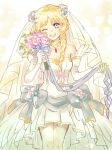  1girl alternate_costume bare_shoulders blonde_hair blue_eyes bouquet bow braid braided_ponytail breasts bride commentary cowboy_shot dress elbow_gloves fire_emblem fire_emblem:_genealogy_of_the_holy_war flower gloves holding holding_bouquet jewelry long_hair looking_at_viewer one_eye_closed open_mouth patty_(fire_emblem) ribbon single_braid small_breasts smile solo strapless strapless_dress teeth upper_teeth_only usachu_now veil wedding wedding_dress white_dress 