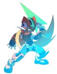  1boy absurdres armor blonde_hair boots cropped_jacket crotch_plate energy_sword forehead_jewel full_body glowing green_eyes hashtag-only_commentary helmet hi-go! highres holding holding_sword holding_weapon jacket light_trail long_hair male_focus mega_man_(series) mega_man_zx model_zx_(mega_man) power_armor red_armor red_footwear red_helmet red_jacket solo sword vent_(mega_man) weapon 