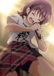  1girl black_shorts blurry blurry_background closed_eyes commentary_request cowboy_shot girls_band_cry highres holding holding_microphone iseri_nina microphone motsutoko music open_mouth plaid plaid_skirt pleated_skirt red_skirt redhead shikai_no_sumi_kuchiru_oto shirt short_sleeves short_twintails shorts singing skirt solo twintails white_shirt 