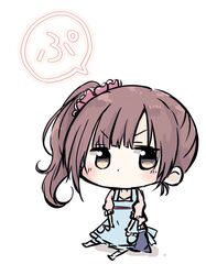  1girl apron baran._(ba_ra_ran) blue_apron blue_skirt blush brown_hair chibi chibi_only commentary dot_nose hair_ornament hair_scrunchie highres idolmaster idolmaster_cinderella_girls igarashi_kyoko jitome lone_nape_hair long_hair looking_at_viewer no_mouth pink_scrunchie pink_sweater scrunchie side_ponytail simple_background sitting skirt solo speech_bubble sweater translation_request v-shaped_eyebrows white_background yellow_eyes 