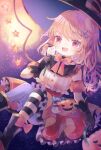  1girl bat_wings blonde_hair bow bowtie crystal flandre_scarlet ghost halloween halloween_costume happy_halloween hat highres hiyuu_(hiyualice) multicolored_wings one_side_up open_mouth pumpkin red_eyes side_ponytail skirt solo teeth thigh-highs touhou wings witch_hat yellow_skirt 