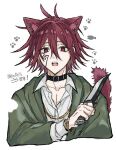  1boy animal_ears bracelet carpaccio_luo-yang cat_ears cat_tail collarbone collared_shirt earrings facial_mark green_robe hair_between_eyes jewelry knife long_sleeves m_aizw mashle open_mouth red_eyes redhead robe shirt short_hair solo spiky_hair tail white_background 