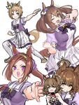  4girls animal_ears aqua_eyes aston_machan_(umamusume) biko_pegasus_(umamusume) blush bow bowtie breasts brown_eyes brown_hair character_doll clenched_hand closed_mouth crown doll ear_ornament flat_chest friend_a1012 grin highres hishi_akebono_(umamusume) holding holding_doll horse_ears horse_girl horse_tail large_breasts long_hair looking_at_viewer multiple_girls multiple_views open_mouth outstretched_arm pointing pointing_at_self purple_shirt reaching reaching_towards_viewer sailor_collar sakura_bakushin_o_(umamusume) school_uniform shirt shoes short_hair sketch skirt small_breasts smile swat tail thigh-highs tracen_school_uniform twintails umamusume v-shaped_eyebrows white_background white_skirt white_thighhighs 