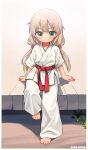  1girl barefoot belt chinese_commentary closed_mouth commentary_request dougi full_body green_eyes grey_hair highres kuma-bound long_hair looking_at_viewer martial_arts_belt original pants red_belt sitting solo toes white_pants 