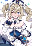  1girl barbara_(genshin_impact) blonde_hair breasts dress drill_hair genshin_impact highres looking_at_viewer morumoru_x off_shoulder one_eye_closed open_mouth small_breasts smile solo teeth twin_drills twintails v white_dress 