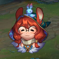  1girl :3 =_= animal_ears aurora_(league_of_legends) bare_shoulders cropped_shoulders glasses hat highres league_of_legends official_art orange_hair rabbit_ears rabbit_girl sleeveless solo stella_chen_yui thick_eyebrows witch_hat 