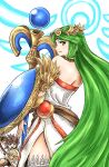  1boy 1girl ancient_greek_clothes armlet back bare_shoulders blue_eyes brown_hair chain chiton circlet forehead_jewel gold_chain greco-roman_clothes green_eyes green_hair highres holding holding_shield holding_staff jewelry kicdon kid_icarus kid_icarus_uprising laurel_crown long_hair neck_ring palutena parted_bangs pit_(kid_icarus) shield short_hair single_thighhigh solo_focus staff thigh-highs vambraces very_long_hair white_thighhighs 