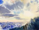  blue_sky building bush city cityscape clouds cloudy_sky day didi_daisukedoi highres morning no_humans original painting_(medium) scenery sky traditional_media watercolor_(medium) 