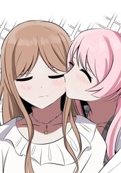  2girls absurdres bang_dream! bang_dream!_it&#039;s_mygo!!!!! blush brown_hair chihaya_anon closed_eyes closed_mouth collarbone commentary dress grey_dress highres jewelry kiss long_hair multiple_girls nagasaki_soyo necklace parted_bangs pink_hair rienz shirt sidelocks upper_body white_shirt yuri 