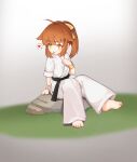  1girl :p ahoge barefoot belt black_belt bright_pupils brown_hair chinese_commentary commentary_request dougi feet full_body grass grey_background heart highres kuma-bound martial_arts_belt medium_hair original pants rock sitting sitting_on_rock solo spoken_heart toes tongue tongue_out white_pants white_pupils yellow_eyes 