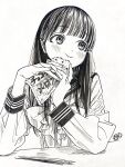  1girl akebi-chan_no_serafuku akebi_komichi bow bowtie closed_mouth commentary_request eating greyscale highres hiro_(dismaless) long_hair long_sleeves monochrome nib_pen_(object) pen sailor_collar school_uniform serafuku shirt solo upper_body 