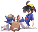  1boy :d arm_support black_hair blue_shirt blue_socks collared_shirt colored_inner_hair commentary_request crossed_bangs feet_up hair_between_eyes hairband highres kieran_(pokemon) leaning_back leftporygon male_focus multicolored_hair necktie open_mouth pokemon pokemon_(creature) pokemon_sv red_necktie sentret shirt shoes short_hair short_sleeves shorts sitting smile socks unworn_shoes white_background white_shorts yellow_eyes yellow_hairband 