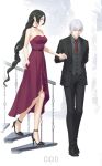  1boy 1girl absurdres black_footwear black_hair character_request dress earrings fata_morgana_no_yakata giselle_(fata_morgana_no_yakata) high_heels highres holding_hands jewelry long_hair miura-n315 necktie suit three-piece_suit vest white_hair 