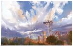  blue_sky border chinese_commentary clouds cloudy_sky commentary_request dated day farm light_particles no_humans original outdoors power_lines sanshui_guantang scenery signature sky tree wheat white_border windmill 