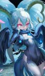  1girl black_dress black_scarf blue_scarf braid crown_braid curled_horns dress fate/grand_order fate_(series) green_horns hair_between_eyes highres horns large_horns larva_tiamat_(fate) larva_tiamat_(second_ascension)_(fate) long_hair long_horns long_sleeves looking_at_viewer m0_chi pantyhose pink_eyes pointy_ears scarf sidelocks sleeves_past_fingers sleeves_past_wrists solo symbol-shaped_pupils tail tiamat_(fate) twintails very_long_hair white_pantyhose x-shaped_pupils 