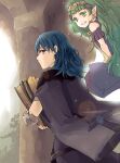  2girls armor black_cape blue_hair book byleth_(female)_(fire_emblem) byleth_(fire_emblem) cape closed_mouth commentary_request fire_emblem fire_emblem:_three_houses floating green_eyes green_hair grin holding holding_book long_hair looking_at_viewer multiple_girls pointy_ears profile robaco smile sothis_(fire_emblem) teeth twintails violet_eyes 