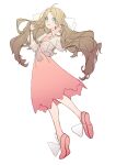  1girl blue_eyes brown_hair caitlin_(pokemon) dress full_body hair_ribbon highres long_hair long_sleeves looking_at_viewer parted_lips pink_dress pink_footwear pokemon pokemon_dppt pokemon_platinum r.aka. ribbon solo white_background white_ribbon 