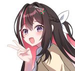  1girl azki_(4th_costume)_(hololive) azki_(hololive) black_hair colored_inner_hair fang fingernails highres hololive kumarang long_hair mole mole_under_eye multicolored_hair pink_hair skin_fang v violet_eyes virtual_youtuber white_background 