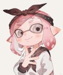  1girl artist_name bandana black_bandana black_neckerchief black_sailor_collar blush closed_mouth ear_blush grey_eyes hand_up highres inkling inkling_girl inkling_player_character long_sleeves neckerchief pink_hair plum0o0 pointy_ears sailor_collar shirt short_bangs short_eyebrows short_hair signature simple_background smile solo splatoon_(series) suction_cups tentacle_hair upper_body white_background white_shirt 
