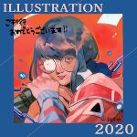  1girl 2020 blue_eyes blue_hair eyepatch illustration.media long_sleeves looking_at_viewer red_background round_eyewear skg9623 smile solo upper_body 