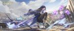  1girl black_pantyhose black_skirt blue_cape blue_sky cape clouds day electro_hypostasis_(genshin_impact) genshin_impact high_heels highres holding holding_sword holding_weapon miniskirt no_headwear on_one_knee outdoors pantyhose purple_hair skirt sky solo sword thigh_strap wboss weapon 