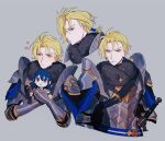  1boy armor black_fur blonde_hair blue_cape blue_eyes blush cape closed_mouth commentary crossed_arms dimitri_alexandre_blaiddyd fire_emblem fire_emblem:_three_houses fur_trim gold_trim grey_background hands_up heart highres holding holding_stuffed_toy looking_at_viewer male_focus multiple_views ponytail scabbard seirorath sheath short_ponytail simple_background solo stuffed_toy sword symbol-only_commentary upper_body weapon 