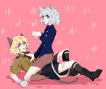  1boy 1girl animal_ears blonde_hair cat_boy cat_ears cat_girl cat_tail girl_on_top gloves hellsing highres hunter_x_hunter pink_background pink_eyes schroedinger_(hellsing) sharp_teeth sitting sitting_on_person tail teeth tongue tongue_out uniform white_hair 