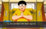  1boy ace_attorney amogan black_hair blurry blurry_background bowl_cut character_request flying_sweatdrops glasses highres korean_text male_focus nervous_sweating nostrils open_mouth own_hands_together podium shirt short_sleeves solo sweat sweatdrop translation_request ugly_man yellow_shirt 