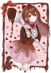  1girl blush bow brown_eyes brown_hair center_frills chocolate dress footwear_bow frills hair_bow highres holding holding_spoon loafers long_hair long_sleeves original oversized_object shoes smile solo spoon suzuko_(suzukosz) thigh-highs tongue tongue_out valentine 