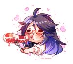  1girl =_= ahoge blush chibi closed_eyes eating food fork glasses heart holding holding_fork kson long_hair n_gyou purple_hair solo souchou split-color_clothes steak virtual_youtuber vshojo 