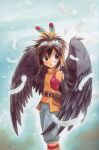  +anima 1boy 2000s_(style) :o belt black_wings blue_pants blush body_fur brown_belt brown_eyes brown_hair child cooro_(+anima) falling_feathers feather_hair_ornament feathered_wings feathers feet_out_of_frame goggles goggles_on_head hair_ornament highres layered_clothes looking_to_the_side non-web_source official_art orange_shirt outline pants parted_lips red_shirt shirt short_hair solo standing third-party_source three_quarter_view traditional_media turning_head turtleneck undershirt white_feathers white_outline wings 