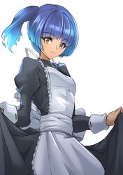  1girl alternate_costume apron black_dress blue_hair breasts brown_eyes closed_mouth clothes_lift commentary deekei dress dress_lift enmaided fiery_hair highres looking_at_viewer maid maid_apron maid_day medium_breasts sena_(xenoblade) short_hair side_ponytail simple_background smile solo white_apron white_background xenoblade_chronicles_(series) xenoblade_chronicles_3 