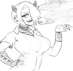  1girl cigarette daaxem demon demon_girl demon_horns ear_piercing hair_over_one_eye hand_on_own_stomach helltaker highres holding holding_cigarette horns looking_to_the_side mouth_piercing nose_piercing piercing sharp_teeth shirt smoking teeth zdrada_(helltaker) 