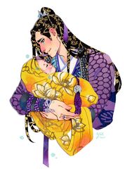  2boys baby bindi black_hair bracer brown_eyes chinese_clothes crying crying_with_eyes_open family floral_print hair_bun hair_ornament hanfu holding_baby jewelry jiang_cheng jin_ling long_hair looking_at_another lotus_print male_focus modao_zushi multiple_boys paper_cutout_(medium) papercraft_(medium) patterned_clothing print_hair print_robe purple_hanfu purple_ribbon purple_robe ribbon ring robe simple_background single_hair_bun smile snake_bracelet tassel tears uncle_and_nephew unconventional_media white_background xiao_guan_(headdress) yellow_blanket yutaan 