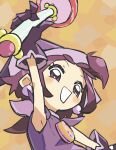  1girl :d absurdres arm_up blush chieo commentary_request dress gloves hat highres looking_at_viewer magical_girl ojamajo_doremi one_side_up open_mouth purple_dress purple_gloves purple_hair segawa_onpu short_hair smile solo upper_body violet_eyes wand witch_hat 