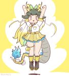  1girl arms_up black_hair blonde_hair coroha dragon_girl dragon_horns dragon_tail full_body horns jumping kemono_friends kirin_(kemono_friends) long_hair looking_at_viewer multicolored_hair necktie ribbon shirt shoes simple_background skirt socks solo tail tongue yellow_background 
